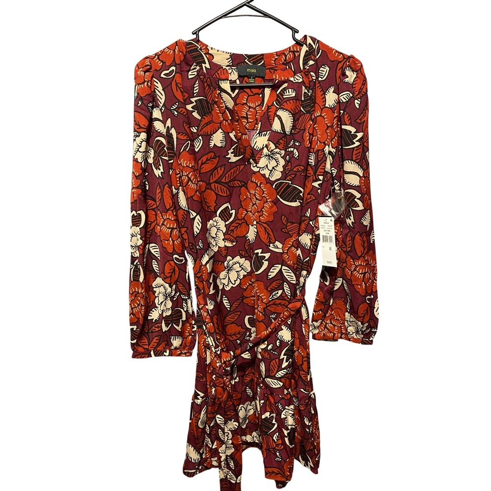 Maia Floral Ruffle Mini Dress Burgundy Brick Red Long‎ Sleeve Boho Size 8